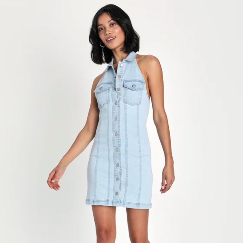 Crushing on the Vibe Light Wash Halter Denim Button Mini Dress.